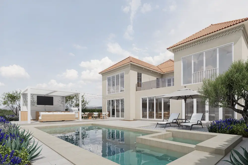 Modern luxury villa with a pool, outdoor seating, and lush garden under a clear blue sky